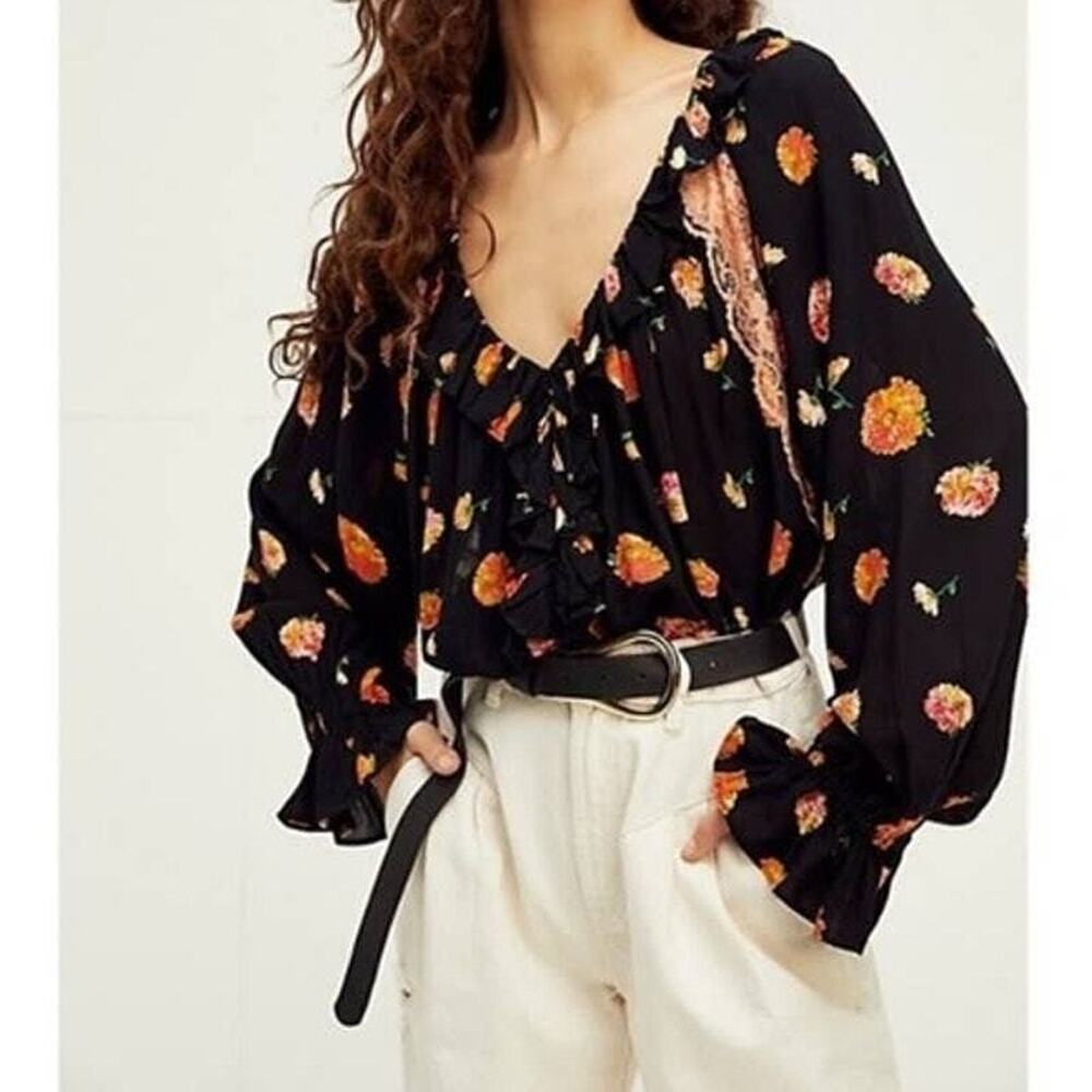 Free People Poppy Printed Bodysuit M NWT Black Floral Long Sleeve Lace Ruffle